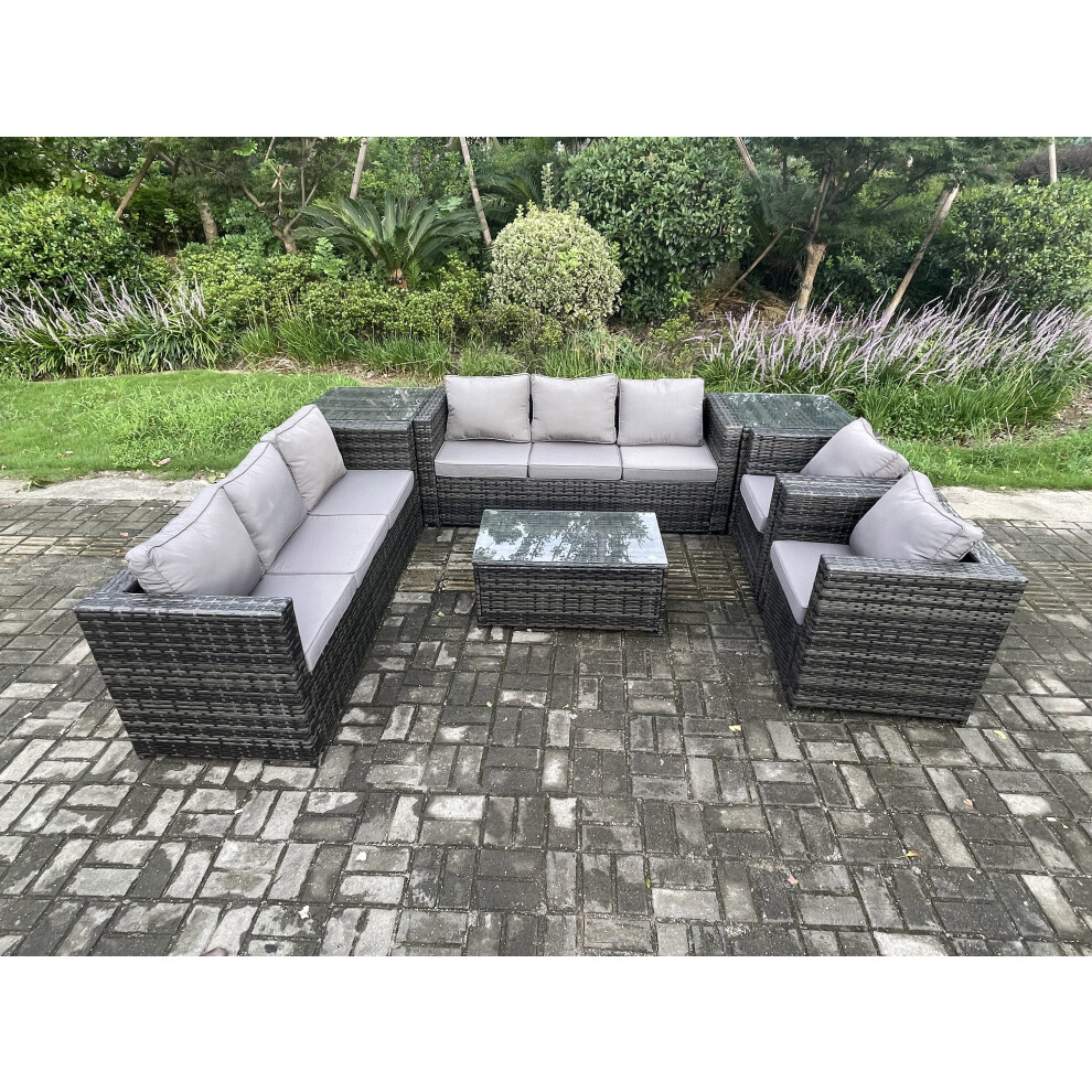 Fimous Dark/Grey Wicker Pe Rattan Sofa Set Outdoor Patio Garden Furniture With 2 Armchairs Oblong Coffee Table 2 Side Tables Mixed - Image 3