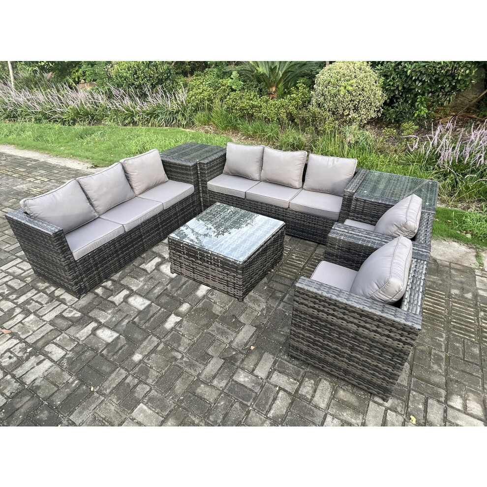 Rackhams Dark/Grey 8 Seater Mixed Rattan Outdoor Sofa Set - 2 Armchairs, Square Coffee Table & 2 Side Tables - Image 3