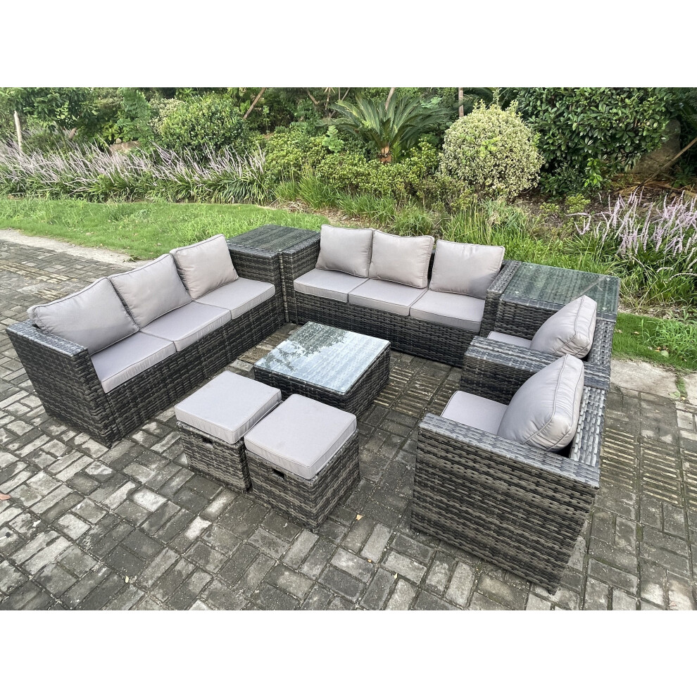 Fimous Outdoor Rattan Garden Furniture Set 10 Seater Patio Lounge Sofa Set With 2 Armchairs Square Coffee Table 2 Side Tables Brown