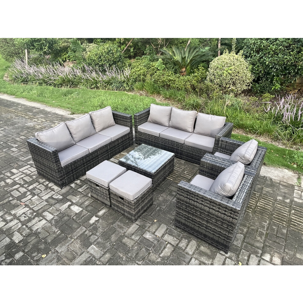 Fimous Unisex Dark Grey 10 Seater Rattan Garden Furniture Sofa Set With 2 Armchairs Square Coffee Table 2 Footstools Indoor Side Table In Small - Image 3