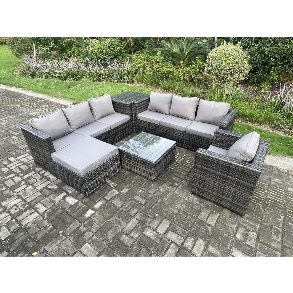 Fimous Rattan Garden Furniture Sofa Set With Armchair Side Table Square Coffee Table Outdoor 8 Seater Rattan Set Dark Grey Mixed Brown,Grey