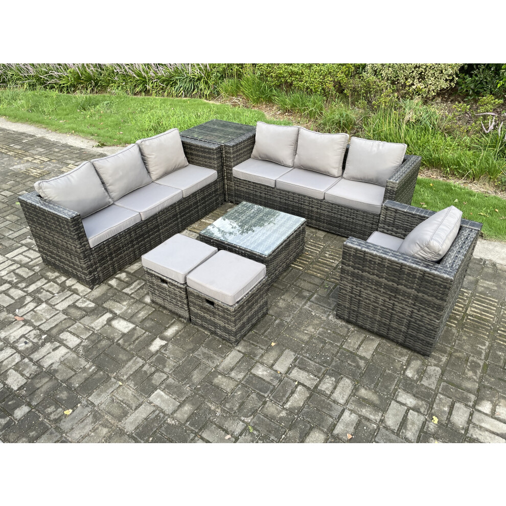 Fimous 9-Seater Rattan Set With Armchair, Coffee Table & Footstools - Dark Grey - Image 3
