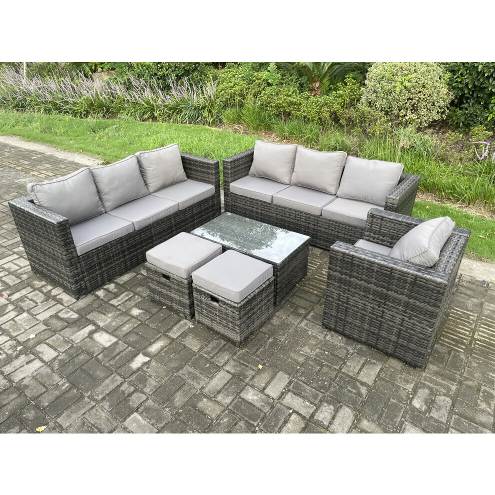 Fimous Wicker Pe Rattan Sofa Set Outdoor Patio Garden Furniture With Armchair Oblong Coffee Table 2 Small Footstools