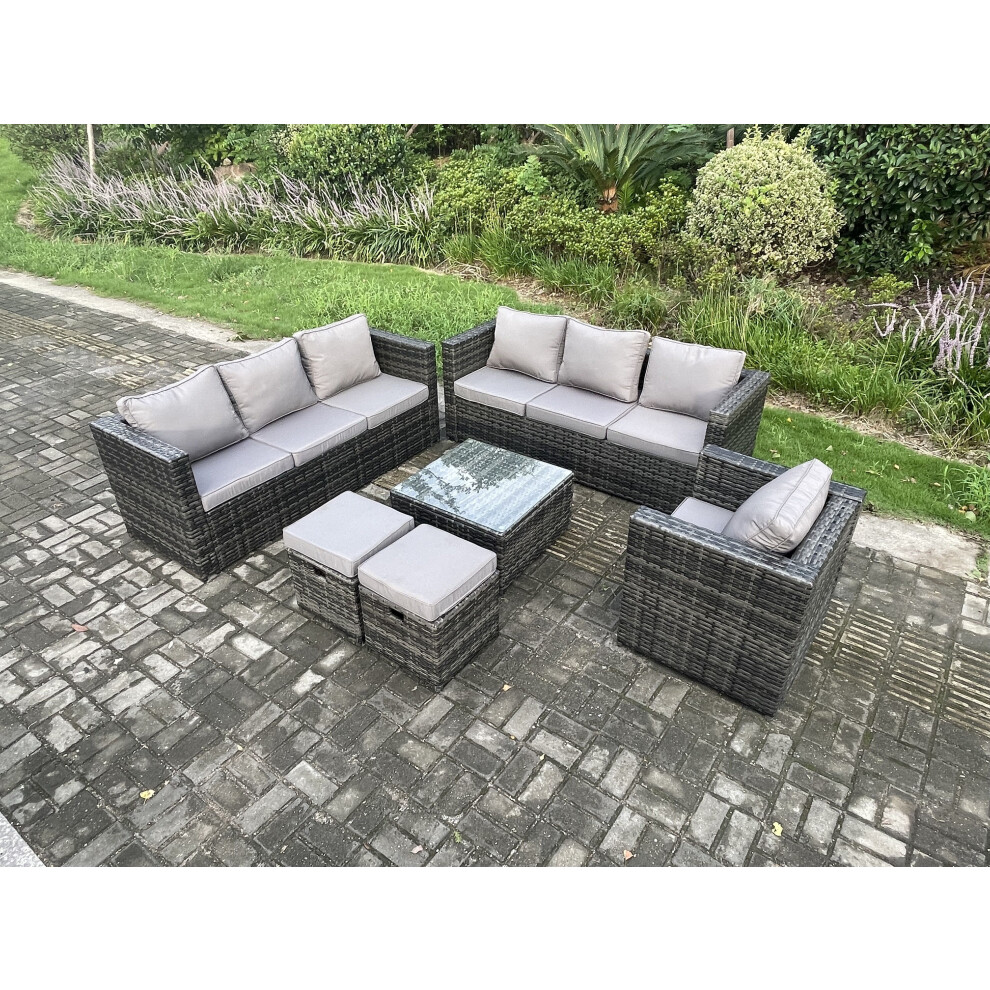 Fimous Dark/Grey 9-Seater Rattan Garden Sofa Set - Mixed Outdoor Lounge Set With Armchair, Square Coffee Table & 2 Small Footstools - Image 3