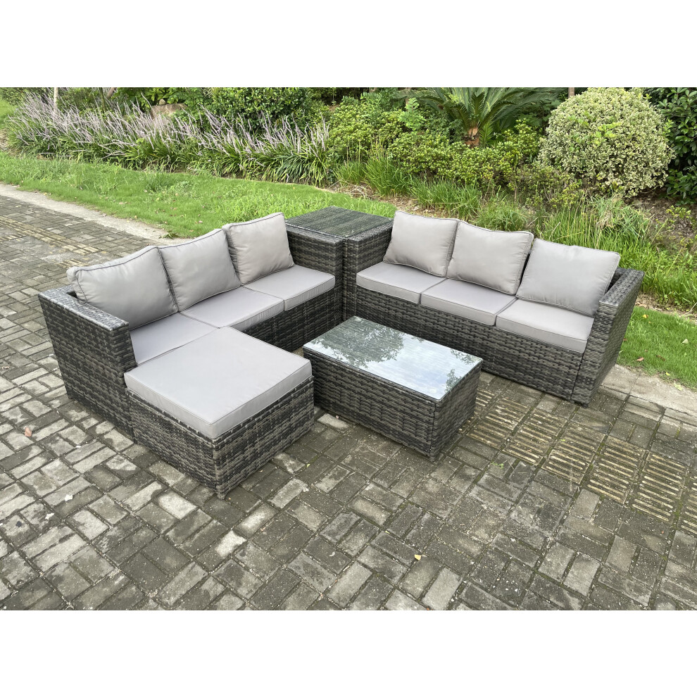 Rackhams Dark/Grey 7 Seater Rattan Garden Furniture Set Outdoor Patio Sofa Set With Oblong Coffee Table Side Table Big Footstool Mixed - Image 3