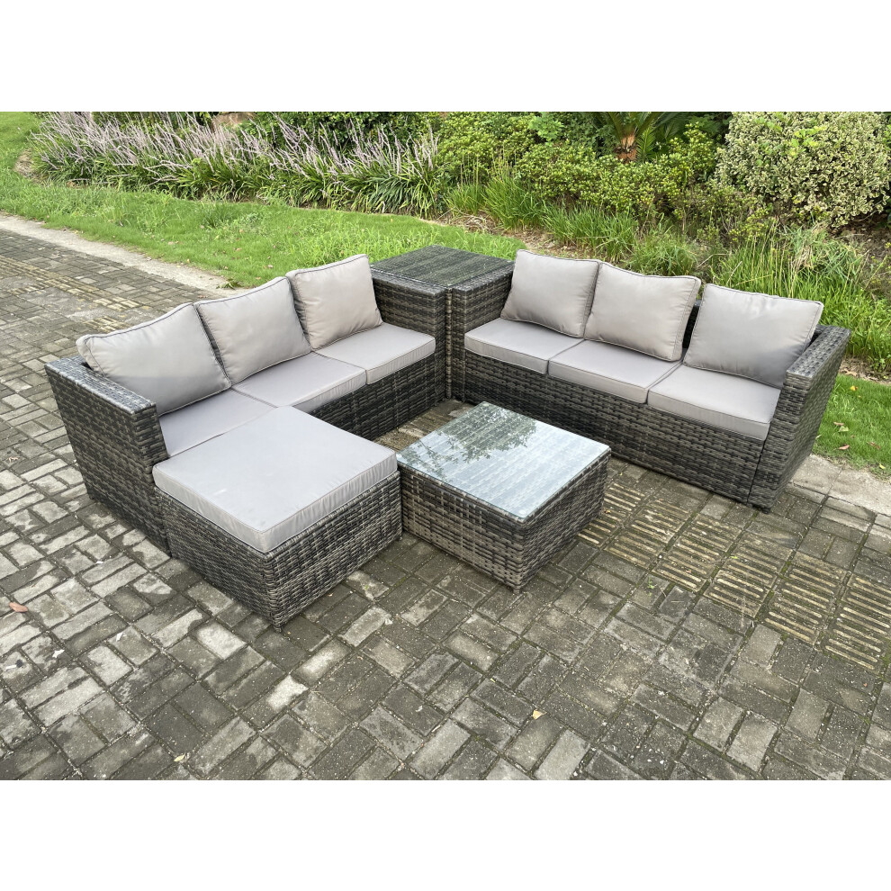 Fimous Dark/Grey 7 Seater Rattan Garden Furniture Sofa Set With Side Table Square Coffee Table Big Footstool Indoor Outdoor Rattan Set Mixed - Image 3