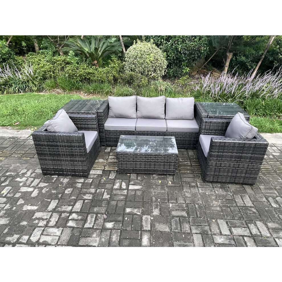 Rackhams Dark/Grey Rattan Garden Furniture Set With 3 Seater Sofa Coffee Table 2 Side Tables 2 Armchairs Indoor Outdoor Patio Lounge Sofa Set Mixed - Image 3