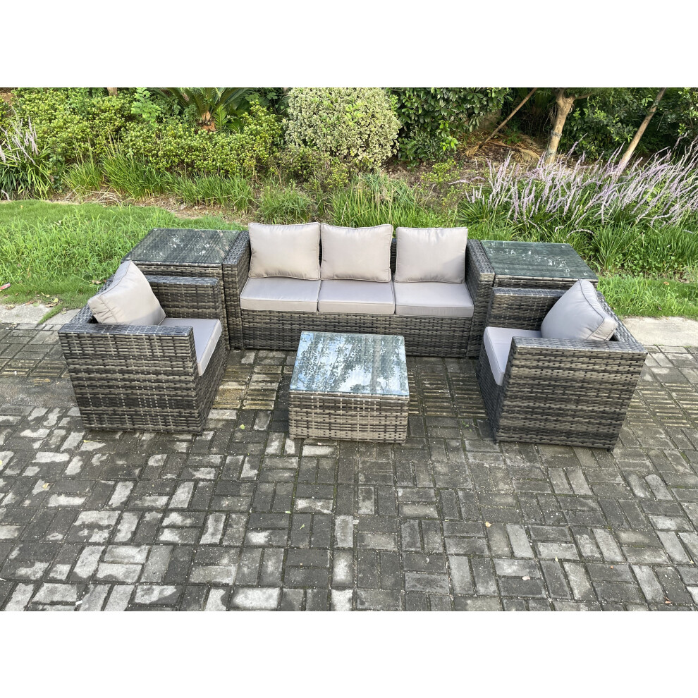 Rackhams Dark/Grey Wicker 6 Pieces Rattan Garden Furniture Sofa Set With Armchair 2 Side Tables Square Coffee Table Mixed - Image 3