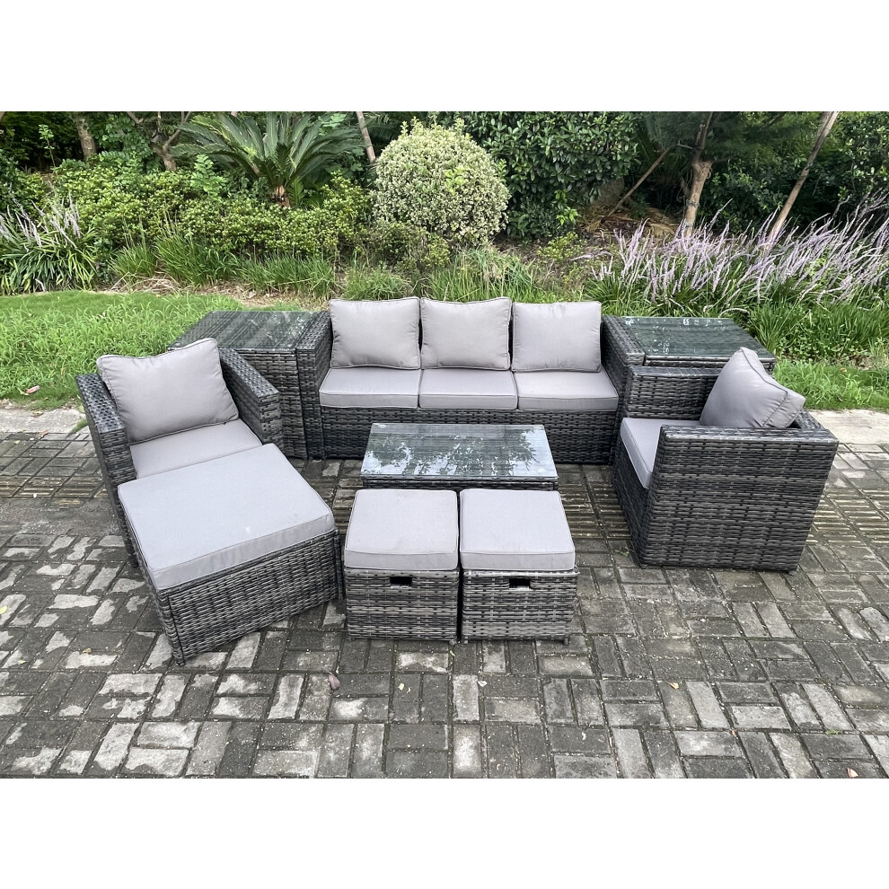Fimous 8 Seater Rattan Garden Furniture Set Outdoor Patio Sofa Set With 2 Armchairs 2 Side Tables Oblong Table 3 Footstools