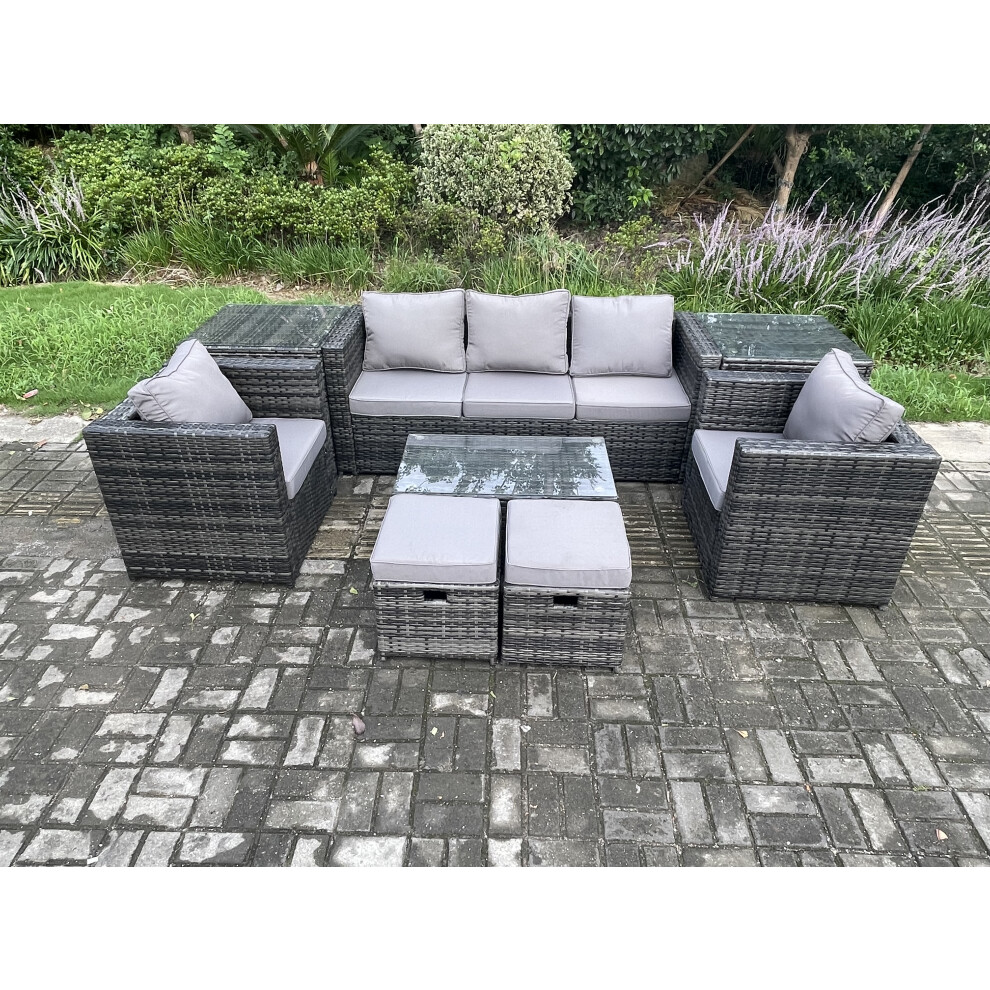 Fimous Outdoor Rattan Garden Furniture Set With 3 Seater Sofa Coffee Table 2 Side Tables 2 Armchair Patio Lounge Sofa Set Brown