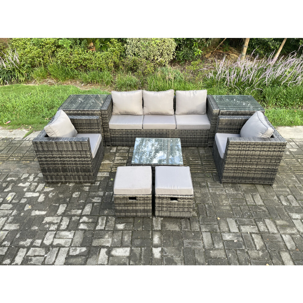 Fimous Dark/Grey Wicker 8 Pieces Rattan Garden Furniture Sofa Set With Armchair 2 Side Tables Square Coffee Table 2 Small Footstools Mixed - Image 3