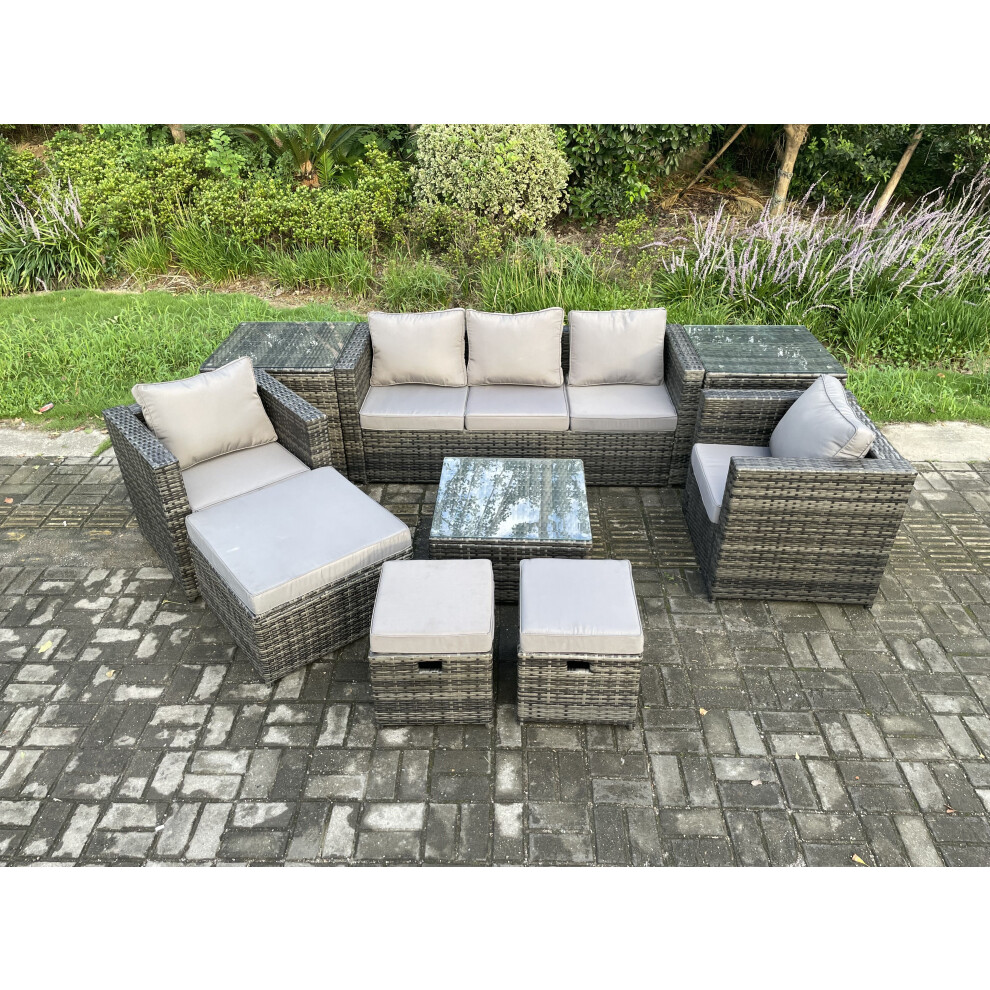 Fimous Unisex Dark Grey Wicker Rattan Garden Furniture Sofa Set With Side Tables Armchair Square Coffee Table 3 Footstools 8 Seater In Size 2 - Image 3