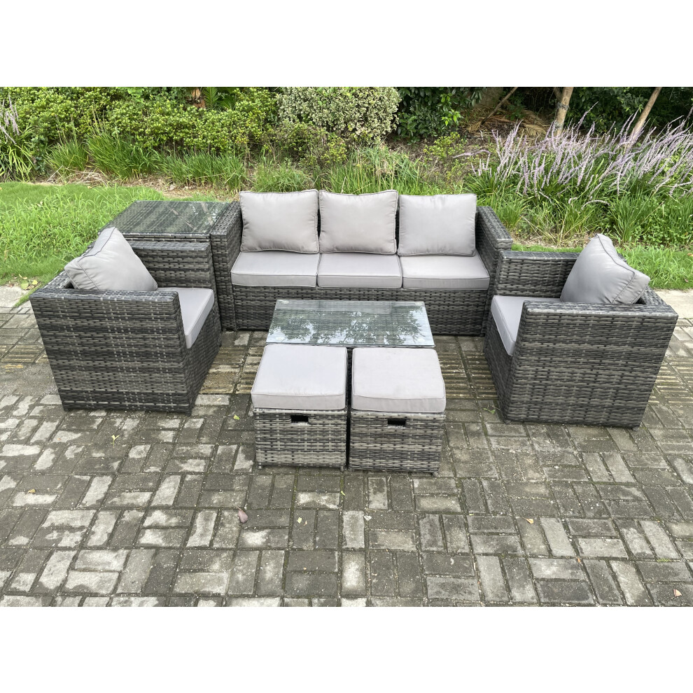 Fimous Rattan Garden Furniture Set With 3 Seater Sofa Coffee Table Side Table 2 Armchairs 2 Small Footstools Patio Lounge Sofa Set