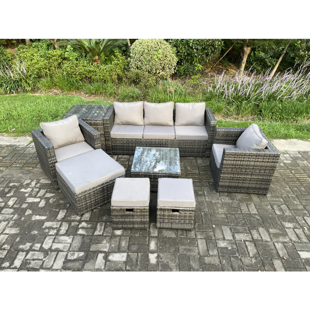 Fimous Unisex Dark Grey Seater Wicker Rattan Garden Furniture Sofa Set With Side Table Armchair Square Coffee Table Mixed Size 8 - Image 3