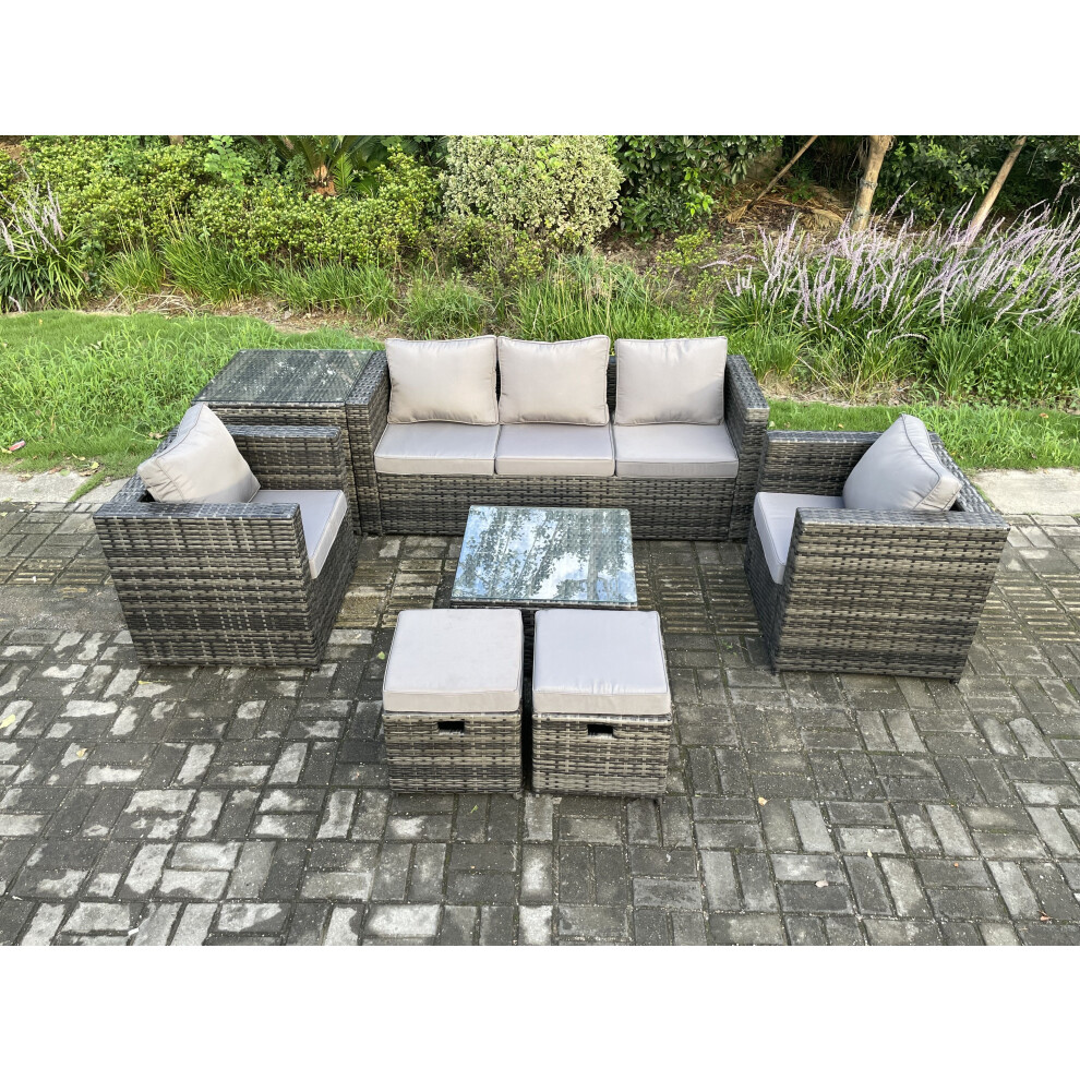 Fimous 7-Piece Rattan Set With Armchair, Side Table & 2 Footstools - Dark Grey - Image 3
