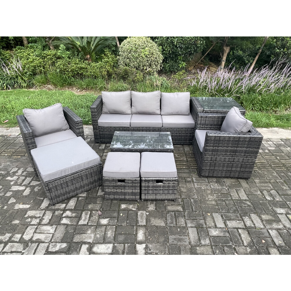 Fimous Outdoor Rattan Garden Furniture Set With 3 Seater Sofa Coffee Table Side Table 2 Armchairs 3 Footstools Patio Lounge Sofa Set