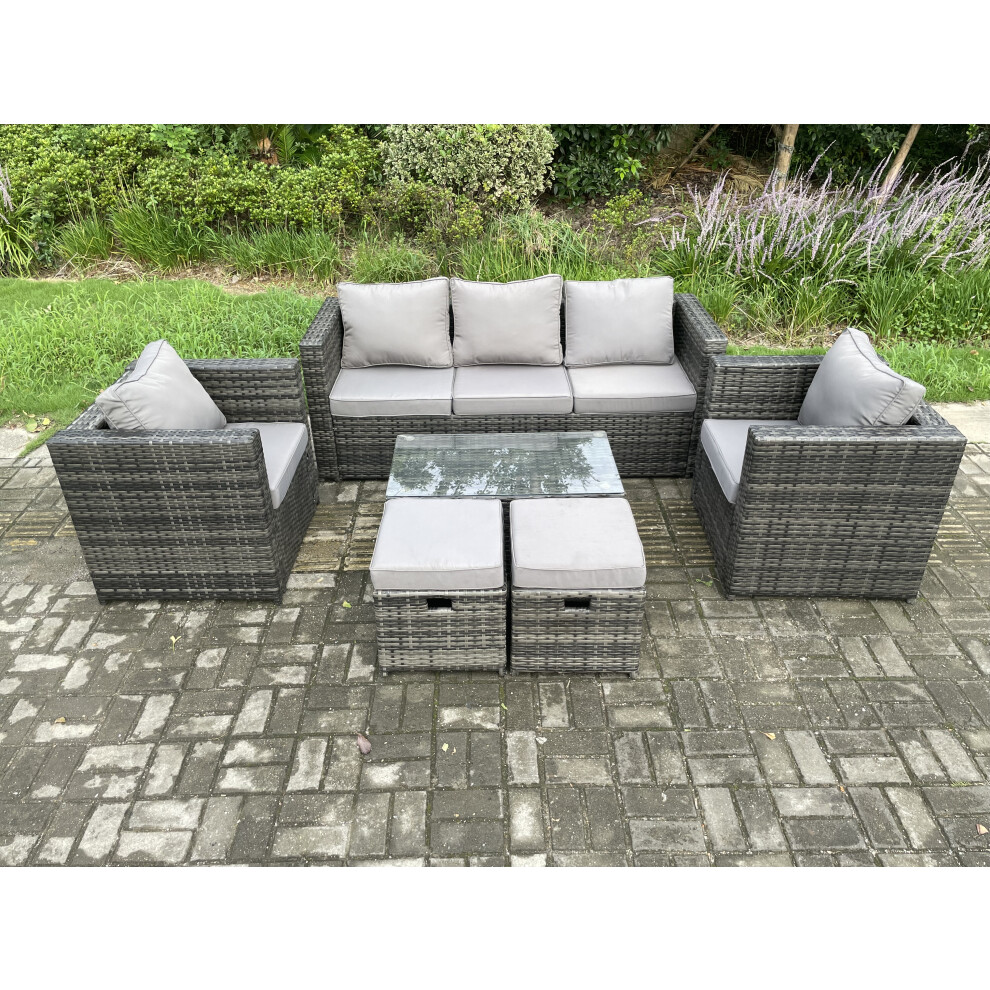 Fimous Outdoor Rattan Garden Furniture Set With 3 Seater Sofa Coffee Table 2 Armchairs 2 Small Footstool Patio Lounge Sofa Set