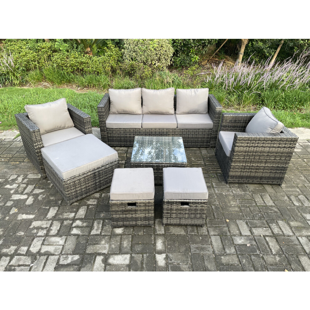 B&Q - Wicker Rattan Garden Furniture Sofa Set With Armchair Square Coffee Table 3 Footstools Dark Grey Mixed - Image 3