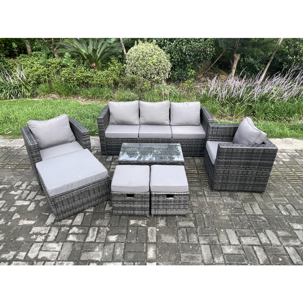 Fimous Outdoor Rattan Garden Furniture Set With 3 Seater Sofa Coffee Table 2 Armchairs 3 Footstools Patio Lounge Sofa Set Brown
