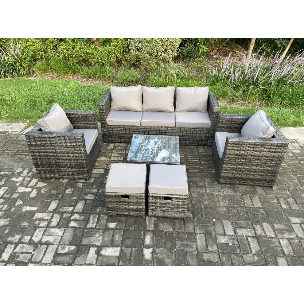 Fimous Rattan Sofa Set With Armchair, Coffee Table & 2 Footstools - Dark Grey - Image 3