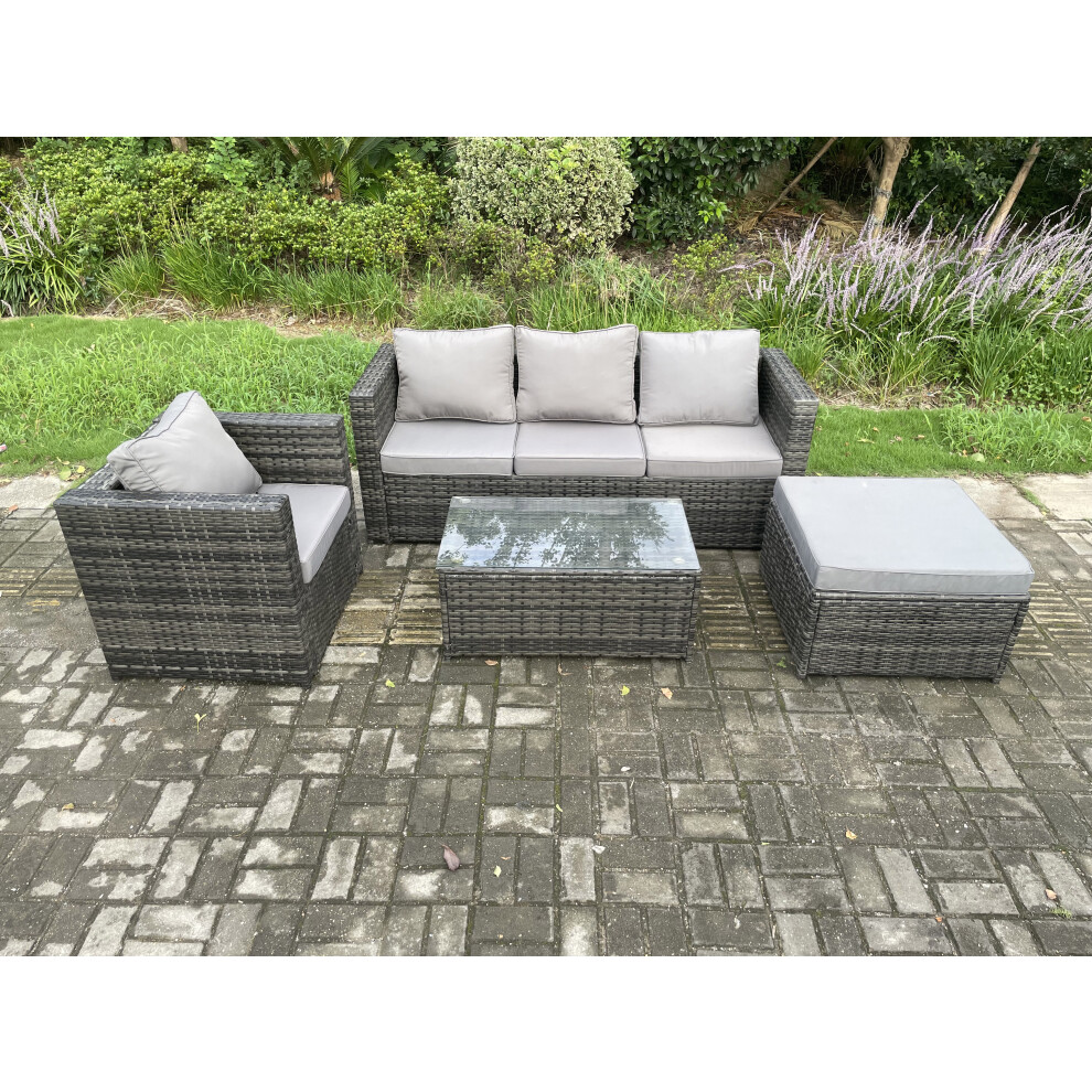 Fimous Dark/Grey 4 Pcs Outdoor Lounge Sofa Set Wicker Pe Rattan Garden Furniture Set With Armchair Oblong Coffee Table Big Footstool Mixed - Image 3