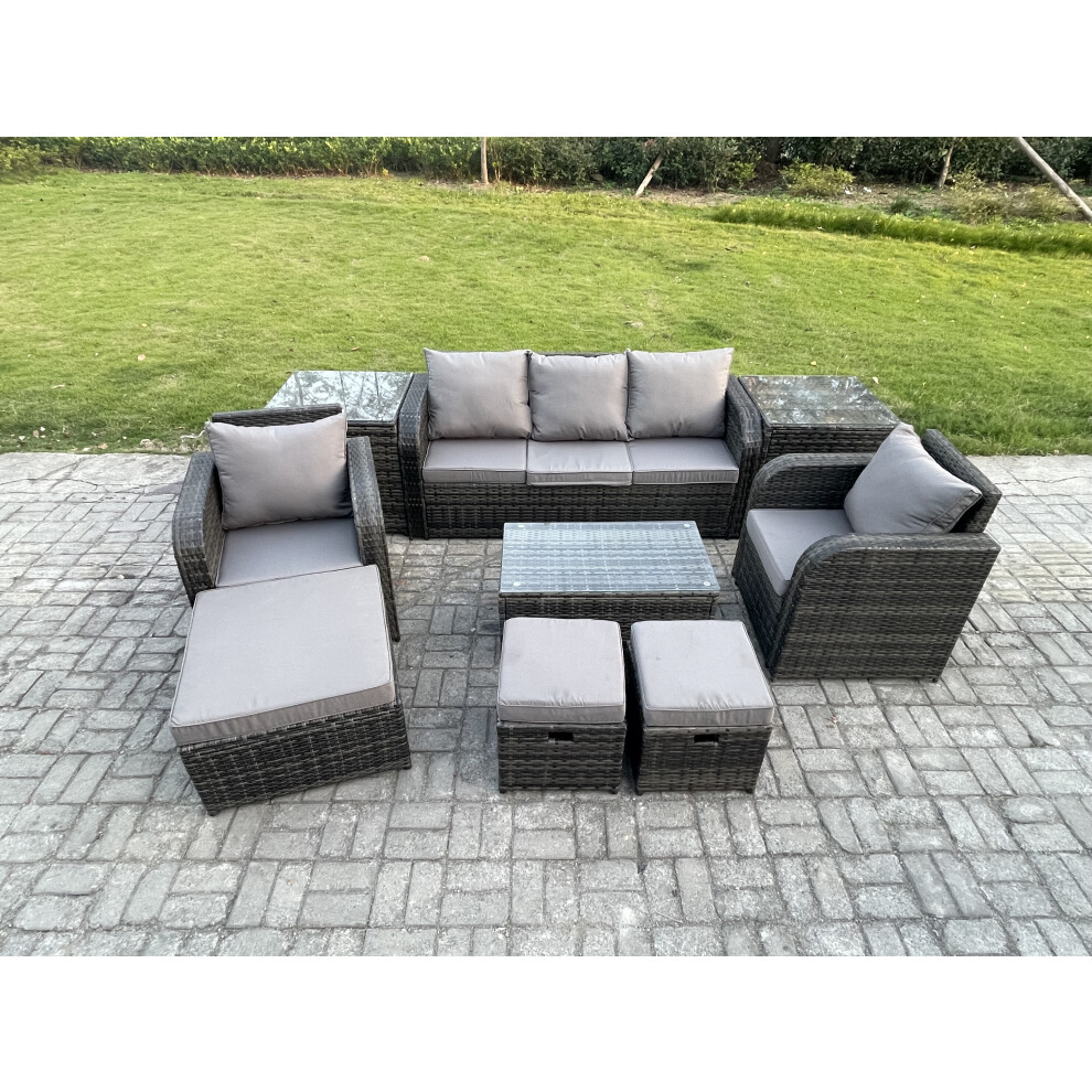 Fimous Rattan Garden Furniture Set Patio Outdoor Lounge Sofa Set With Rectangular Coffee Table 3 Footstools 3 Seater Sofa 2 Side Tables