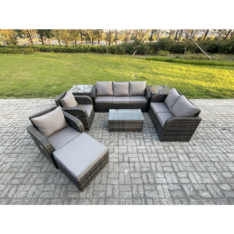 Fimous 8 Seater Rattan Wicker Garden Furniture Patio Conservatory Sofa Set With Rectangular Coffee Table 3 Seater Sofa Brown