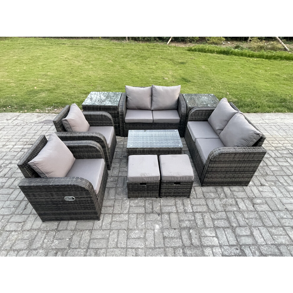 8 Seater Rattan Garden Furniture Set Patio Outdoor Lounge Sofa Set with Rectangular Coffee Table 2 Small Footstools Love Sofa 2 Side Tables