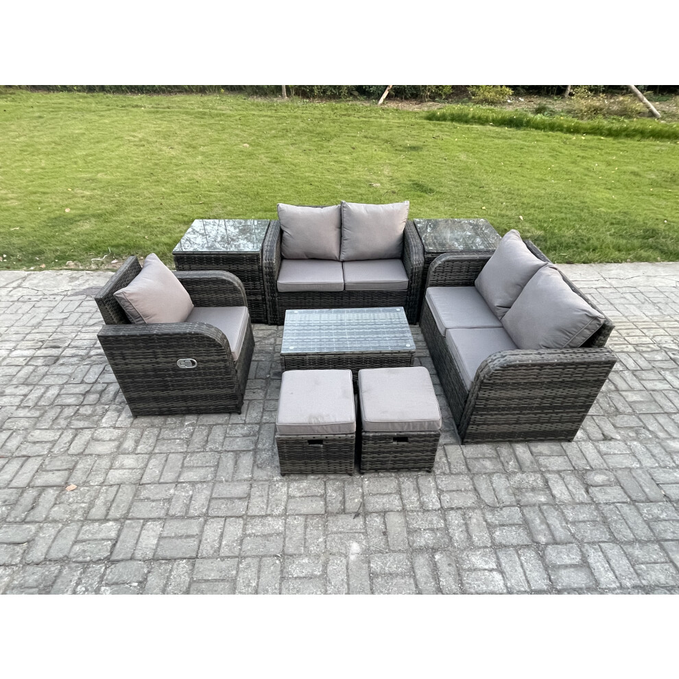 Fimous 7 Seater High Back Rattan Garden Furniture Set with 2 Small Footstools 2 Side Tables Indoor Outdoor Patio Lounge Sofa Set