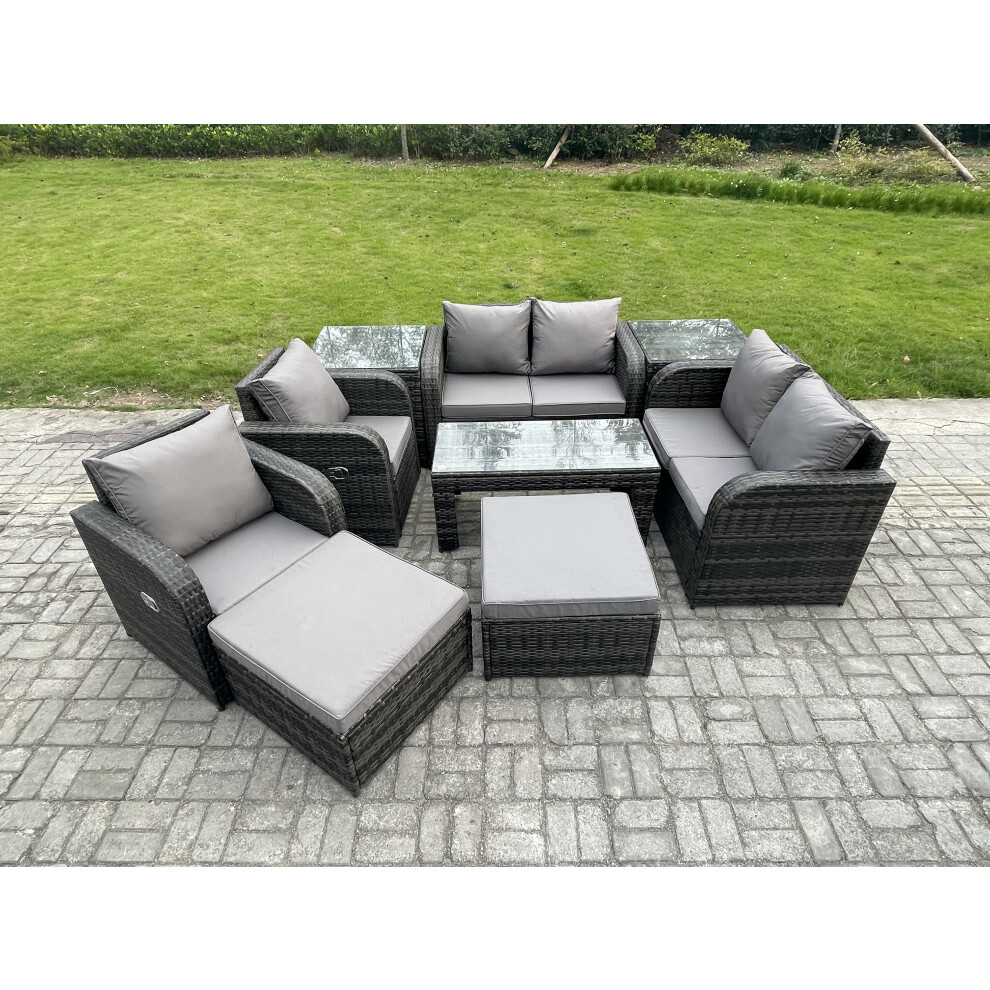 Fimous 9 Pcs Garden Furniture Set Rattan Outdoor Lounge Sofa Table Chair With Tempered Glass Table Dark Grey Mixed