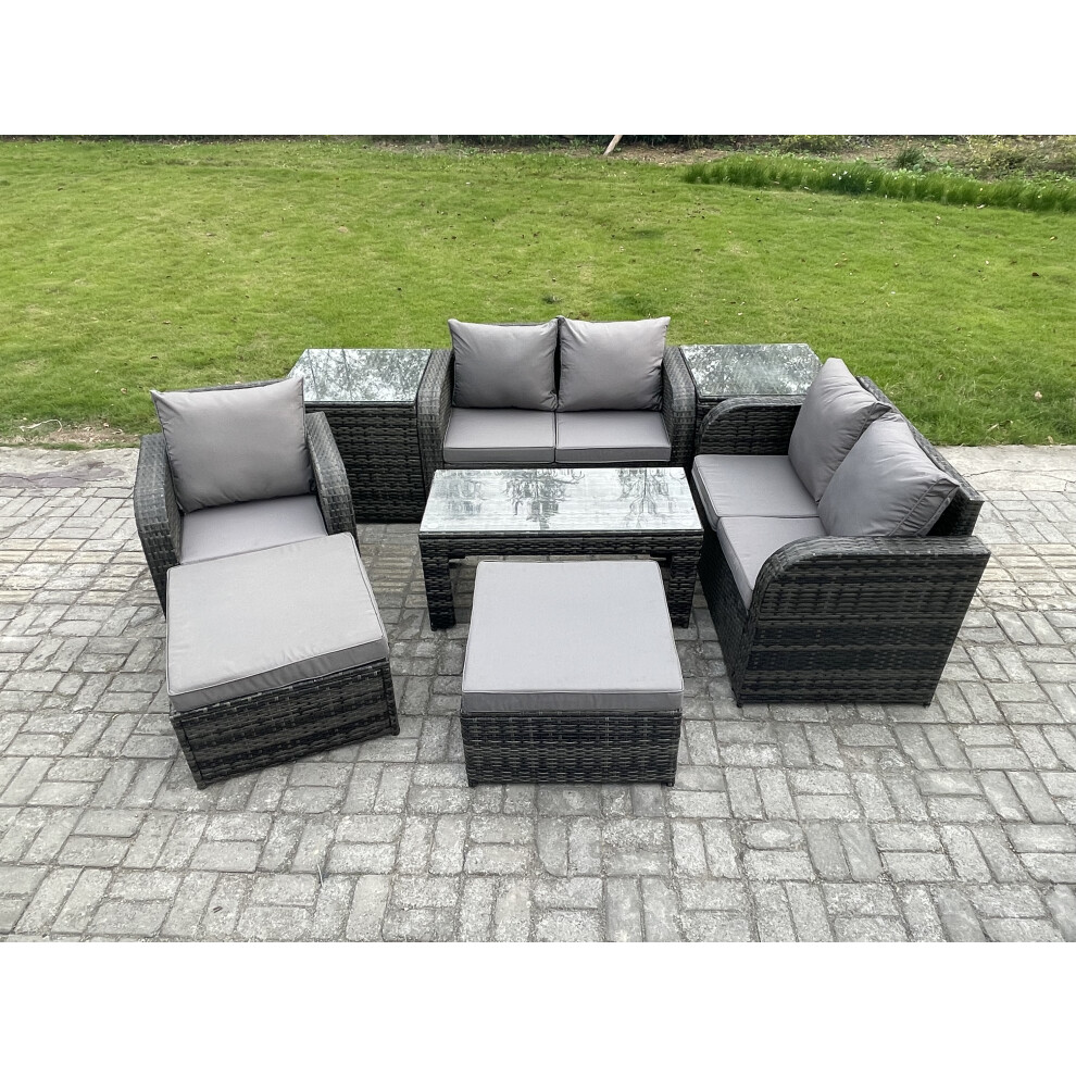 8 Pcs Rattan Outdoor Garden Furniture Sofa Set Patio Table & Chairs Set with 2 Side Tables 2 Big Footstool Dark Grey Mixed