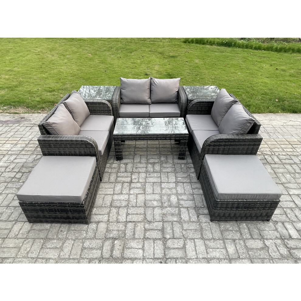 Fimous Outdoor 8-Seater Wicker Rattan Garden Sofa Set With Tempered Glass Coffee Table, Cushions And Footstools - Image 3