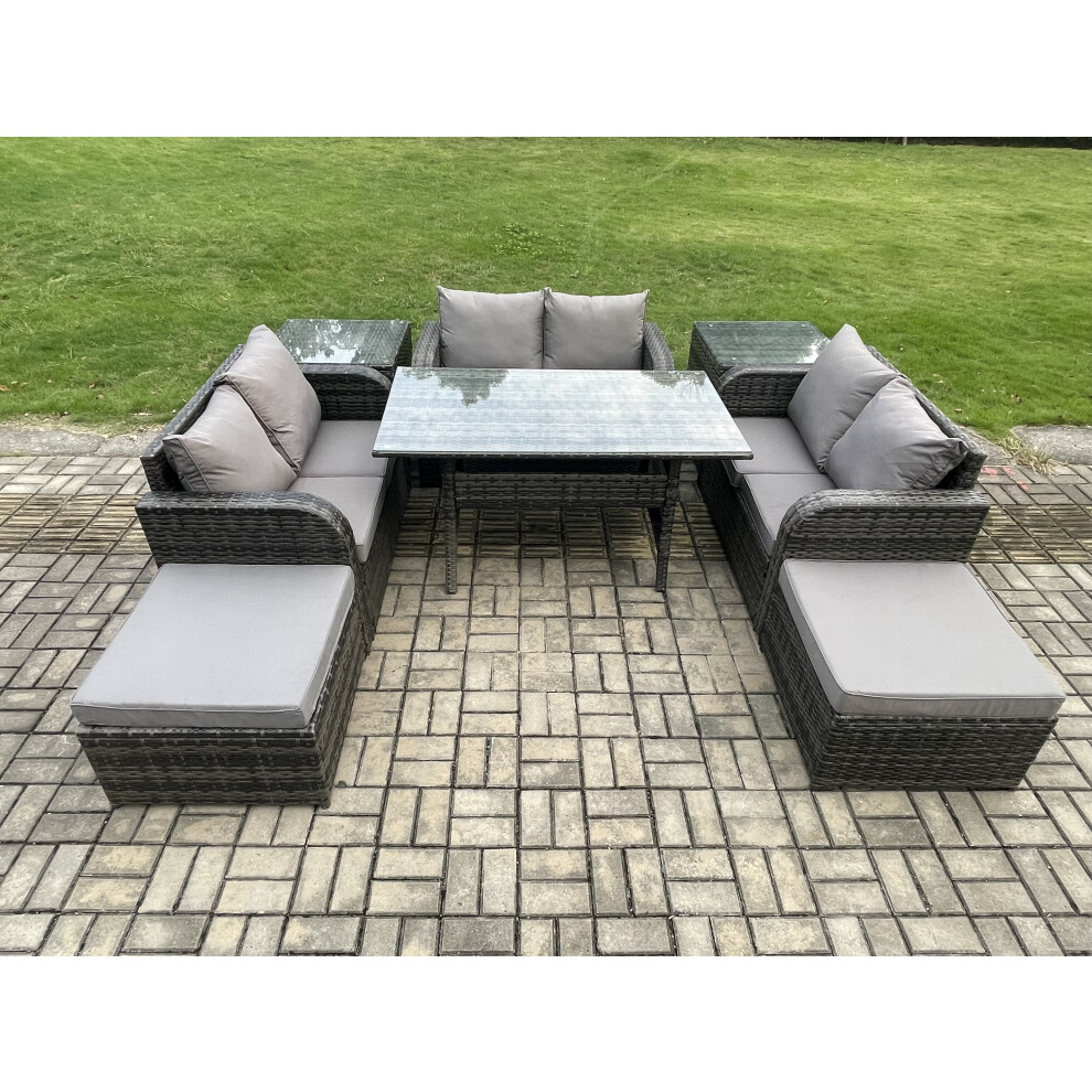Fimous Unisex Dark Grey Outdoor Rattan Garden Furniture Lounge Sofa Set With Oblong Rectangular Dining Table Big Footstool Side Tables In Size 2 - Image 3