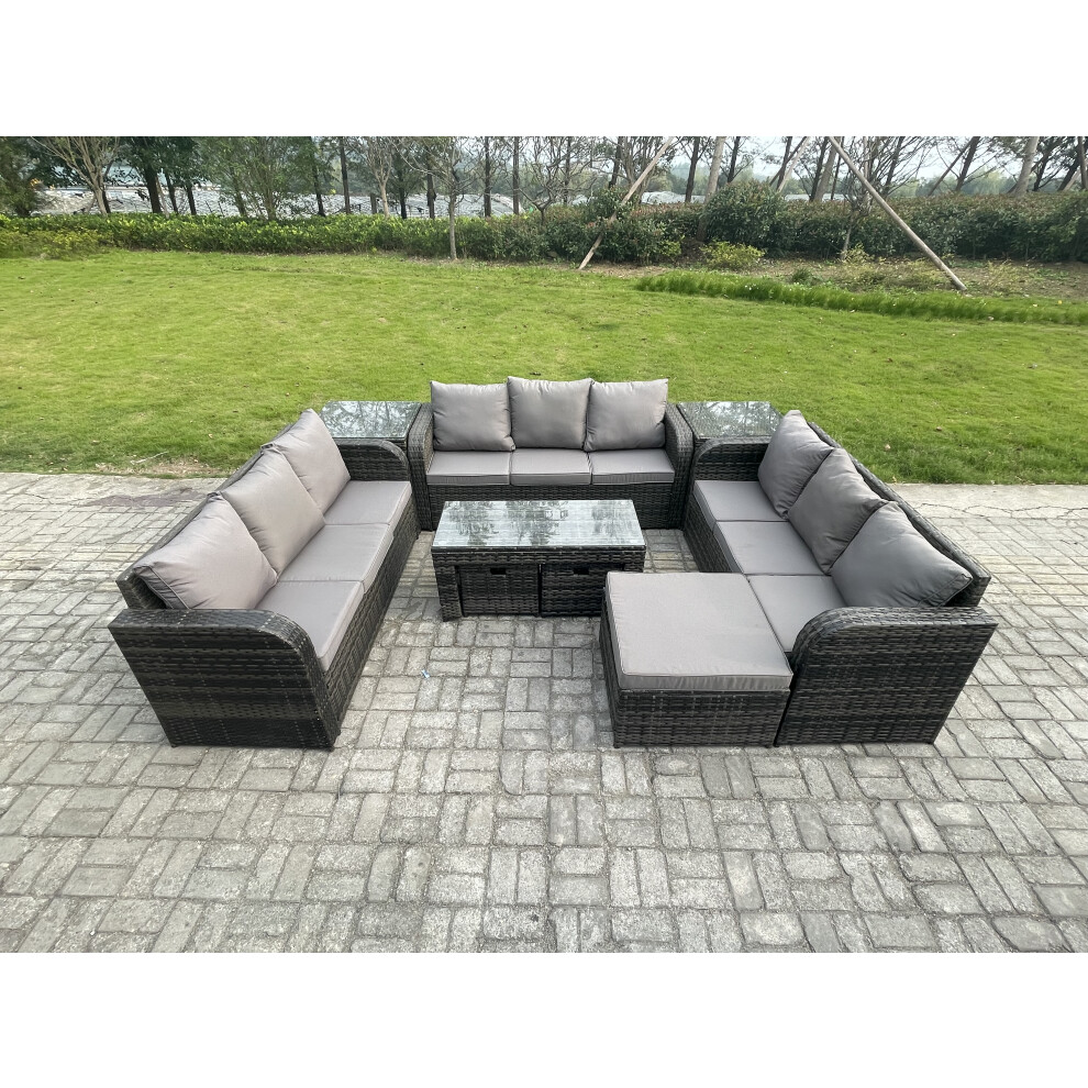 Fimous Rattan Garden Furniture Set 12 Seater Indoor Outdoor Patio Sofa Set with Coffee Table 3 Footstools 2 Side Tables