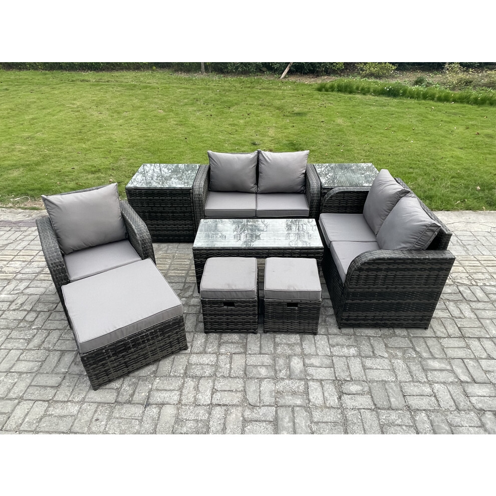 Fimous 8 Seater Rattan Outdoor Garden Furniture Sofa Set Patio Table & Chairs Set with 2 Side Tables 3 Footstools Dark Grey Mixed-image-OPC-PDPDW7S-NEW