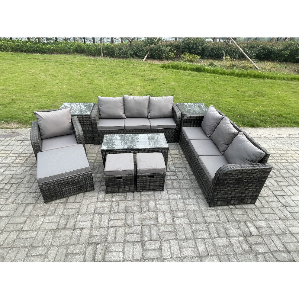 Fimous Outdoor Lounge Sofa Set 10 Seater Rattan Garden Furniture Set With Rectangular Coffee Table 3 Footstools 3 Seater Sofa Brown