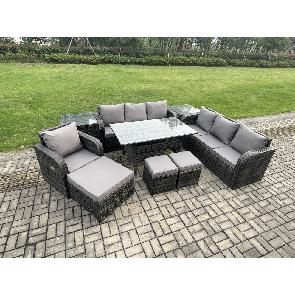 Fimous 10 Seater Outdoor Rattan Garden Furniture Set Oblong Rectangular Dining Table and Chairs Set with 3 Seater Sofa Footstools