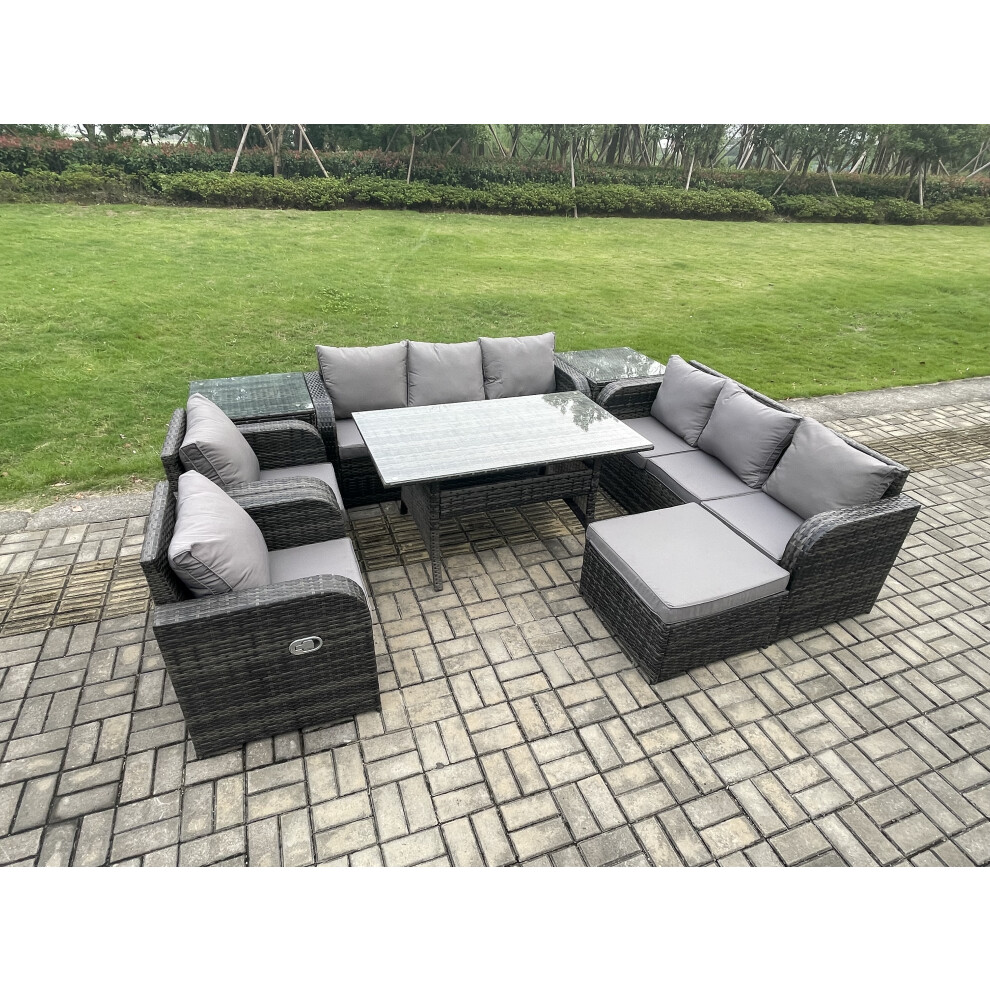 Fimous Outdoor Garden Patio Furniture Wicker Rattan Oblong Rectangular Dining Table And Lounge Sofa Set With Side Table