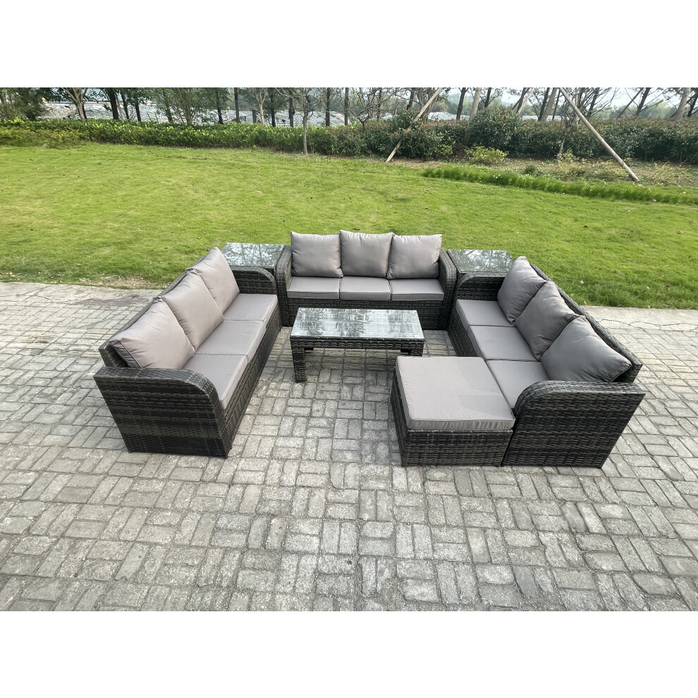 Fimous 10 Seater Rattan Garden Furniture Set Indoor Outdoor Patio Sofa Set with Coffee Table 2 Side Tables Big Footstool