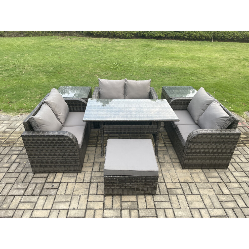 Fimous Dark/Grey 7 Seater Outdoor Rattan Garden Furniture Set With Patio Rectangular Dining Table Love Sofa 2 Side Tables Big Footstool Mixed - Image 3