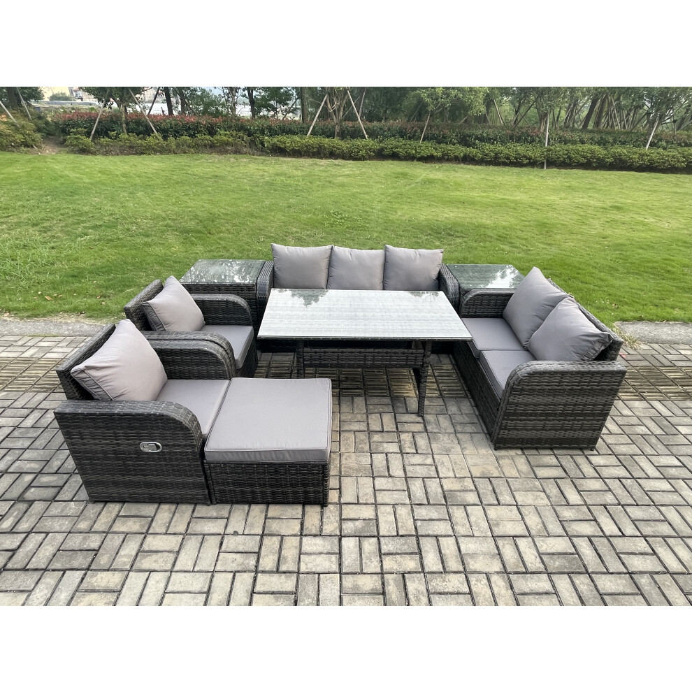 Fimous Dark Grey Pe Wicker Rattan Garden Furniture Set Reclining Chair Love Sofa 2 Seater Sofa Set Outdoor Dining Table Big Footstool