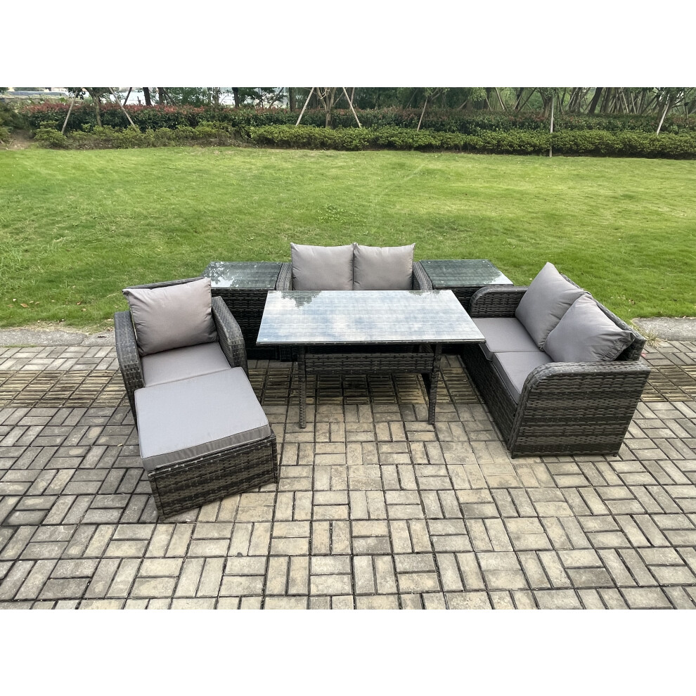 Fimous Lounge Rattan Sofa Set Outdoor Garden Furniture Oblong Rectangular Dining Table With Chairs 2 Side Tables Big Footstool