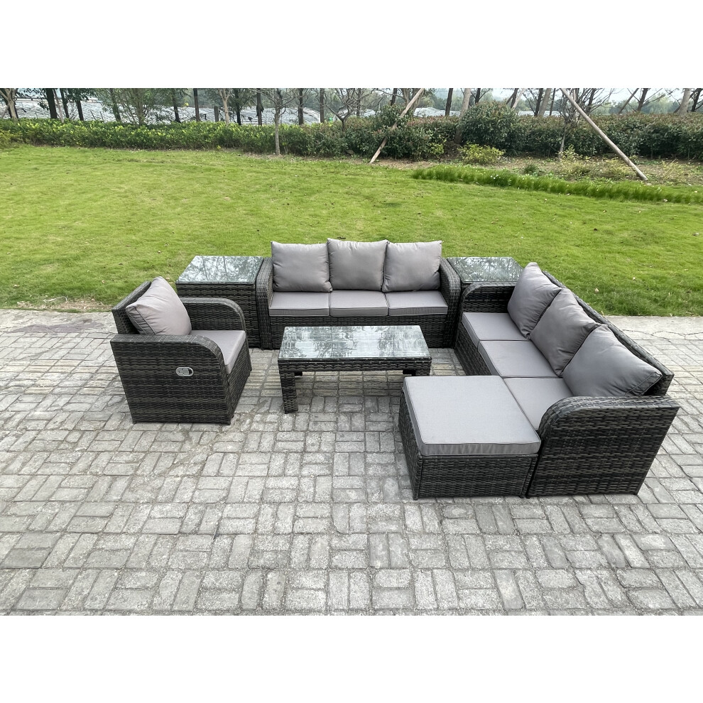 Fimous 8 Seater Outdoor Lounge Sofa Set Rattan Garden Furniture Set With Rectangular Coffee Table Big Footstool Brown