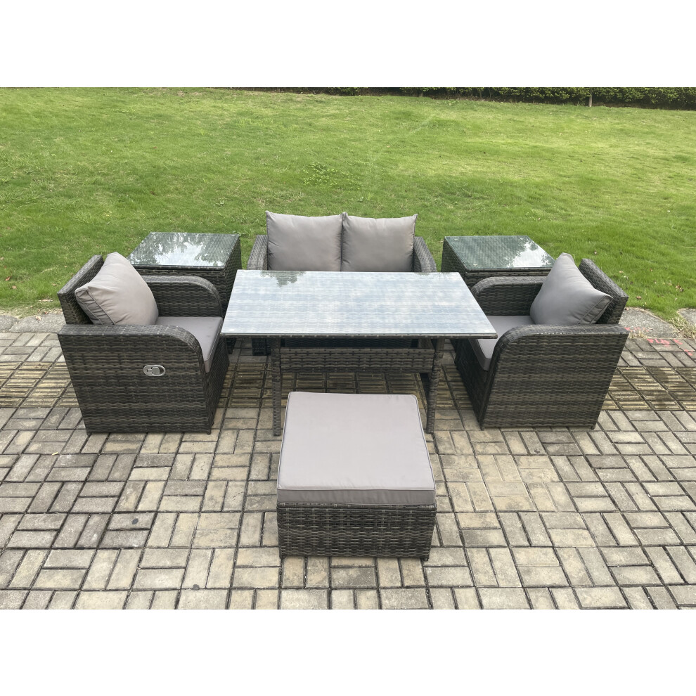 Fimous Outdoor Rattan Garden Furniture Lounge Sofa Set With Oblong Rectangular Dining Table 2 Pc Reclining Chair