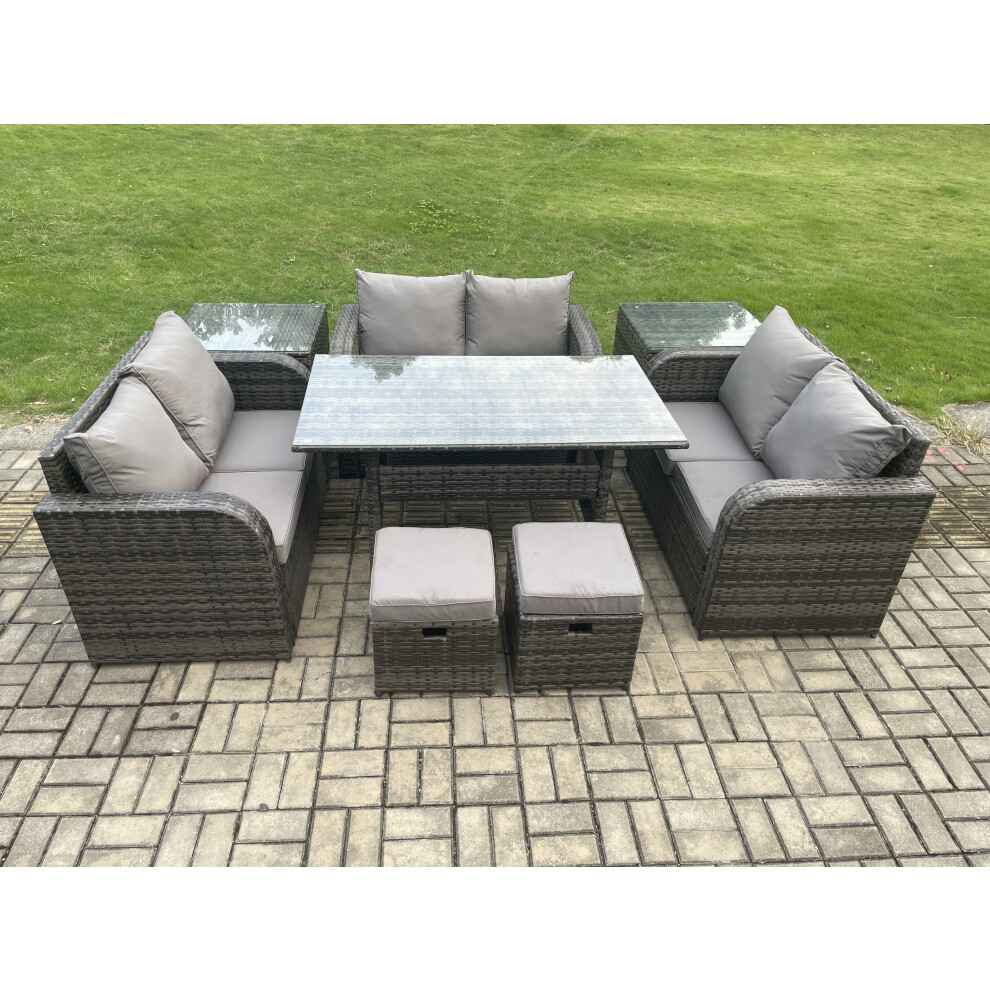 Fimous 8 Seater Outdoor Rattan Garden Furniture Set with Patio Rectangular Dining Table 2 Side Tables Love Sofa 2 Small Footstools