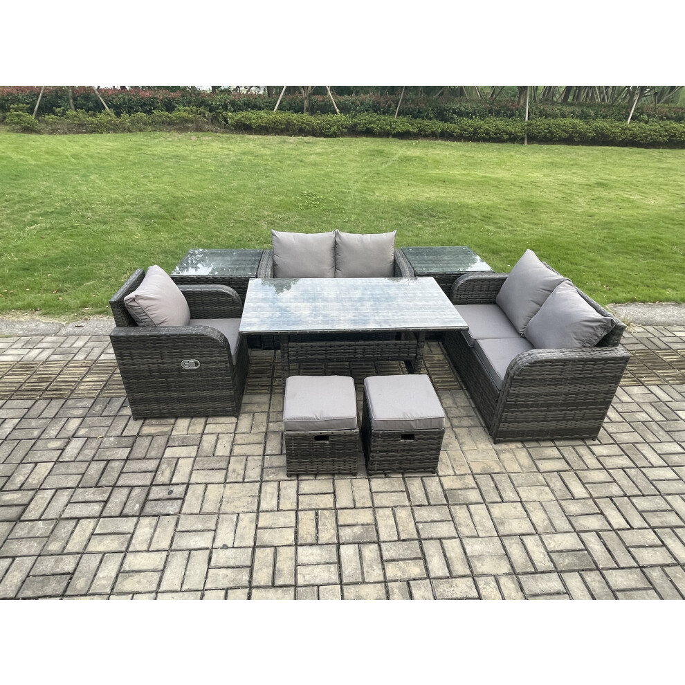 Fimous 7 Seater Lounge Rattan Sofa Set Outdoor Garden Furniture Oblong Rectangular Dining Table With Chairs 2 Small Footstools 2 Side Tables