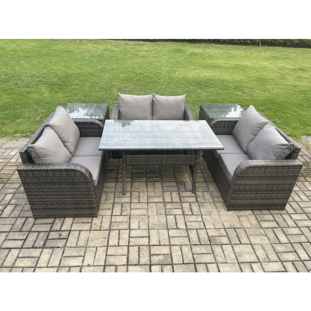 Fimous Dark/Grey 6 Seater Outdoor Rattan Garden Furniture Set With Patio Love Sofa Rectangular Dining Table 2 Side Tables Mixed - Image 3