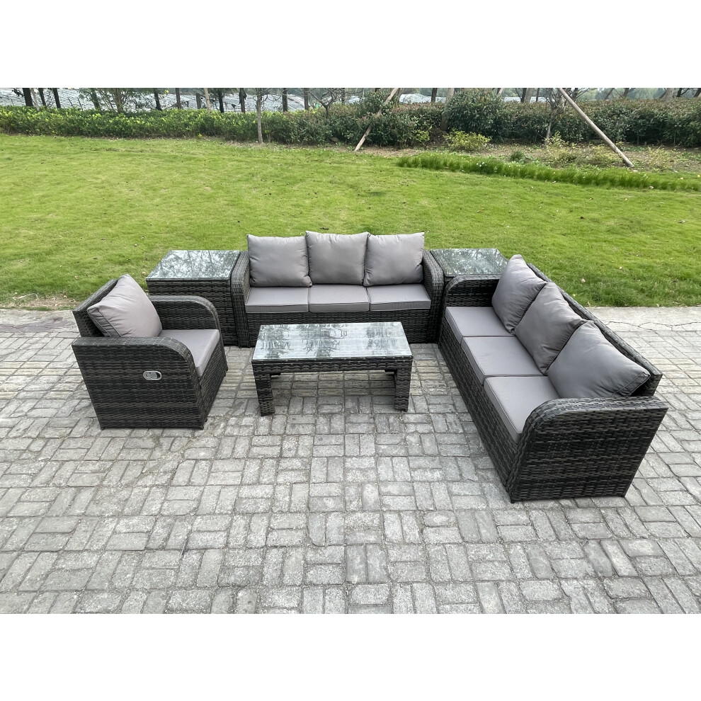Fimous Wicker PE Rattan Sofa Set 7 Seater Outdoor Patio Garden Furniture Set with 2 Side Tables Reclining Chairs Coffee Table