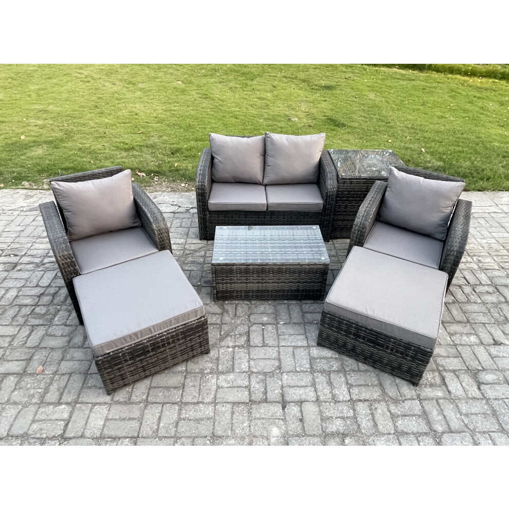 Fimous Outdoor Lounge Sofa Set Rattan Garden Furniture Set With Rectangular Coffee Table 2 Big Footstool Side Table Dark Grey Mixed