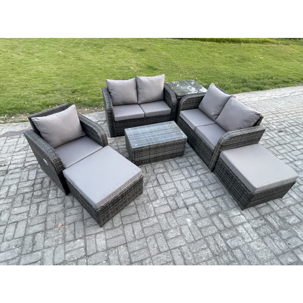 Fimous 7 Seater High Back Rattan Garden Furniture Set With 2 Big Footstool Side Table Indoor Outdoor Patio Lounge Sofa Set Dark Grey Mixed